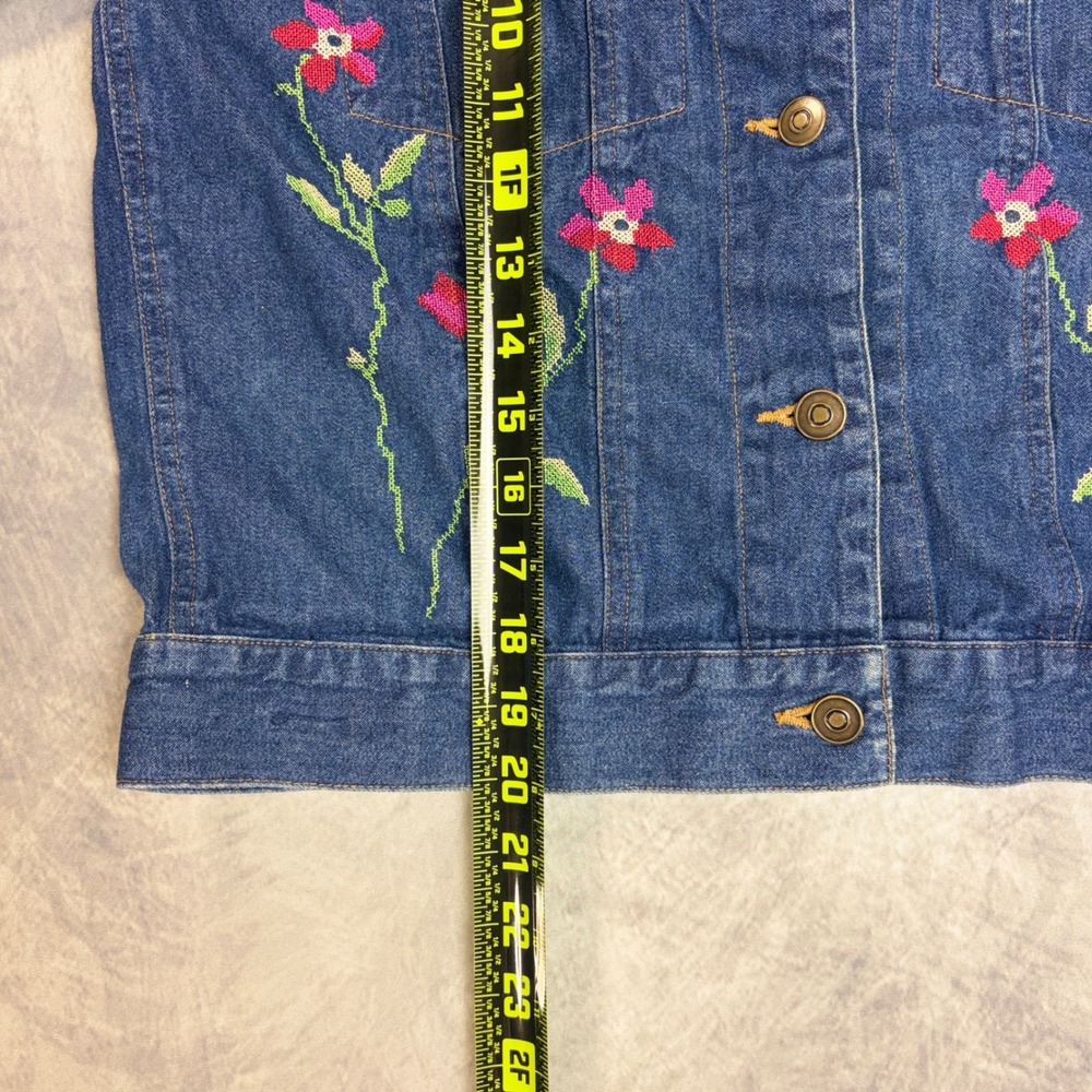 Coldwater Creek Womens Small Denim Jacket Floral Cross Stitch Embroidery Blue - Picture 8 of 8